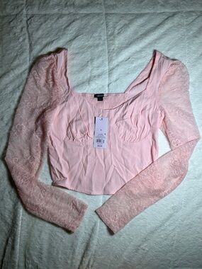 NWT Wild Fable Pink Lace Sleeve Scoop Neck Crop Top